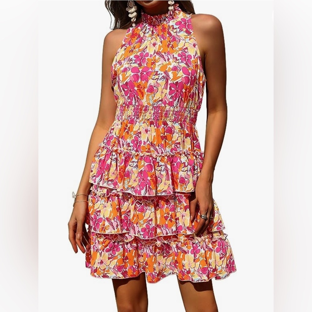 Womens Halter Neck Ruffle Tiered Dress Floral Print Sleeveless Mini Dress